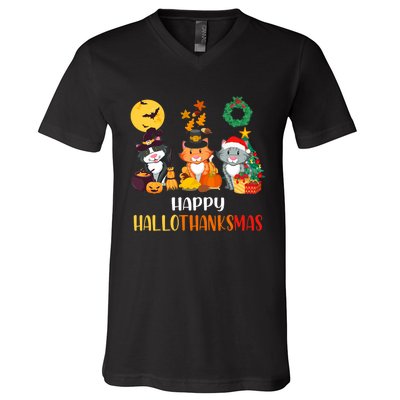 Cat Halloween Christmas Happy Hallothanksmas Thanksgiving V-Neck T-Shirt