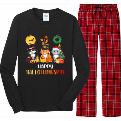 Cat Halloween Christmas Happy Hallothanksmas Thanksgiving Long Sleeve Pajama Set