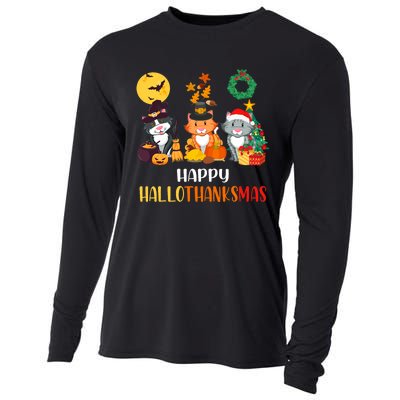 Cat Halloween Christmas Happy Hallothanksmas Thanksgiving Cooling Performance Long Sleeve Crew