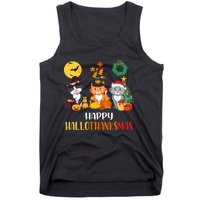 Cat Halloween Christmas Happy Hallothanksmas Thanksgiving Tank Top