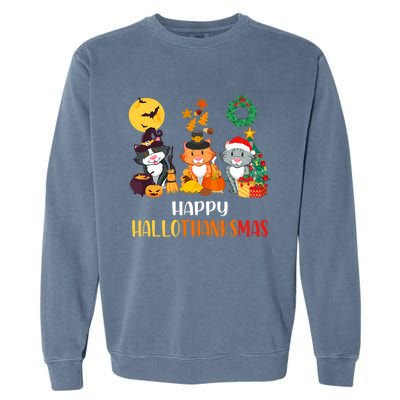 Cat Halloween Christmas Happy Hallothanksmas Thanksgiving Garment-Dyed Sweatshirt