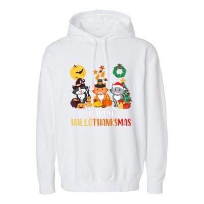 Cat Halloween Christmas Happy Hallothanksmas Thanksgiving Garment-Dyed Fleece Hoodie