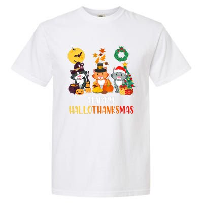 Cat Halloween Christmas Happy Hallothanksmas Thanksgiving Garment-Dyed Heavyweight T-Shirt