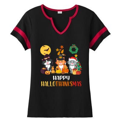 Cat Halloween Christmas Happy Hallothanksmas Thanksgiving Gift Ladies Halftime Notch Neck Tee