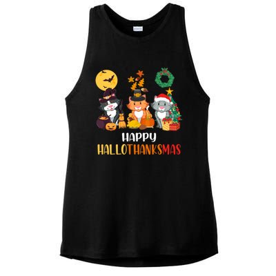 Cat Halloween Christmas Happy Hallothanksmas Thanksgiving Gift Ladies PosiCharge Tri-Blend Wicking Tank