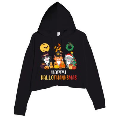 Cat Halloween Christmas Happy Hallothanksmas Thanksgiving Gift Crop Fleece Hoodie