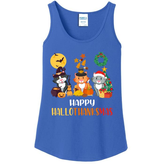 Cat Halloween Christmas Happy Hallothanksmas Thanksgiving Gift Ladies Essential Tank