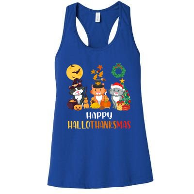 Cat Halloween Christmas Happy Hallothanksmas Thanksgiving Gift Women's Racerback Tank