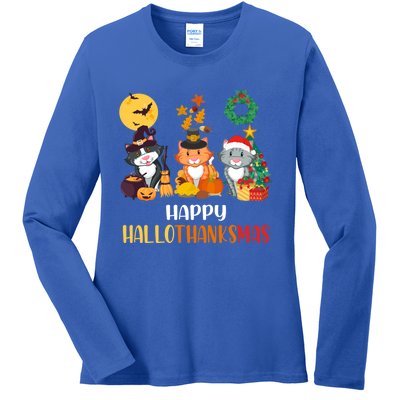 Cat Halloween Christmas Happy Hallothanksmas Thanksgiving Gift Ladies Long Sleeve Shirt