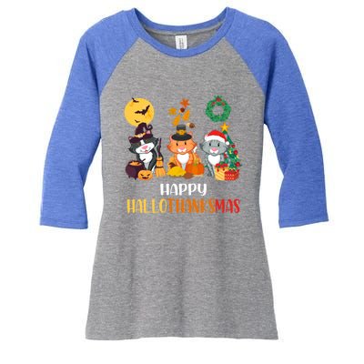 Cat Halloween Christmas Happy Hallothanksmas Thanksgiving Gift Women's Tri-Blend 3/4-Sleeve Raglan Shirt