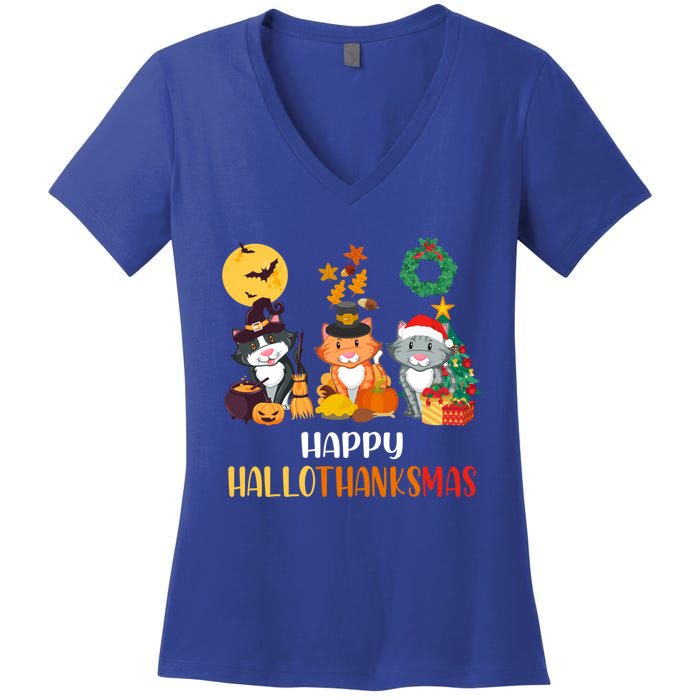 Cat Halloween Christmas Happy Hallothanksmas Thanksgiving Gift Women's V-Neck T-Shirt