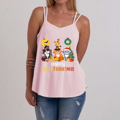 Cat Halloween Christmas Happy Hallothanksmas Thanksgiving Gift Women's Strappy Tank