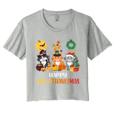 Cat Halloween Christmas Happy Hallothanksmas Thanksgiving Gift Women's Crop Top Tee