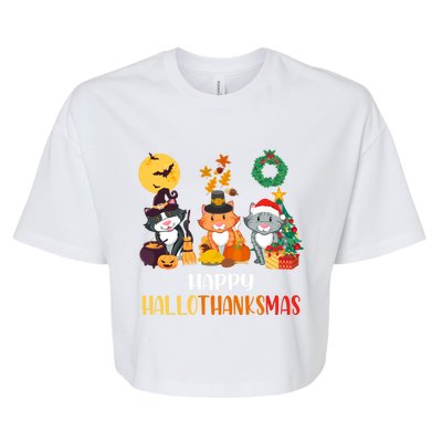 Cat Halloween Christmas Happy Hallothanksmas Thanksgiving Gift Bella+Canvas Jersey Crop Tee