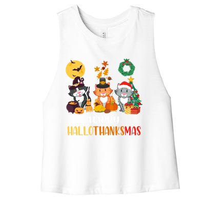 Cat Halloween Christmas Happy Hallothanksmas Thanksgiving Gift Women's Racerback Cropped Tank