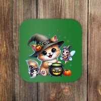 Cute Halloween Cat Fairy And Ghost Playful Witch Design Coaster