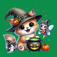Cute Halloween Cat Fairy And Ghost Playful Witch Design Coaster