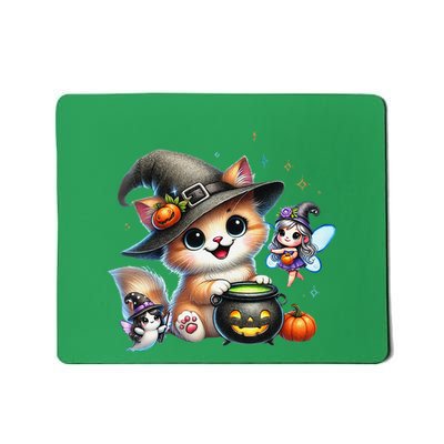 Cute Halloween Cat Fairy And Ghost Playful Witch Design Mousepad