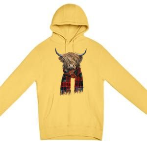 Cute Highland Cow Wearing Buffalo Plaid Scarf Farming Farmer  Premium Pullover Hoodie