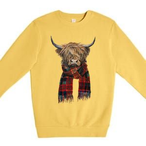 Cute Highland Cow Wearing Buffalo Plaid Scarf Farming Farmer  Premium Crewneck Sweatshirt