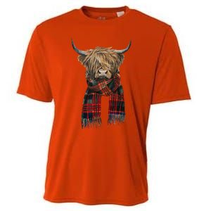 Cute Highland Cow Wearing Buffalo Plaid Scarf Farming Farmer  Cooling Performance Crew T-Shirt