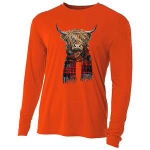 Cute Highland Cow Wearing Buffalo Plaid Scarf Farming Farmer  Cooling Performance Long Sleeve Crew