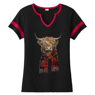 Cute Highland Cow Wearing Buffalo Plaid Scarf Farming Farmer  Ladies Halftime Notch Neck Tee