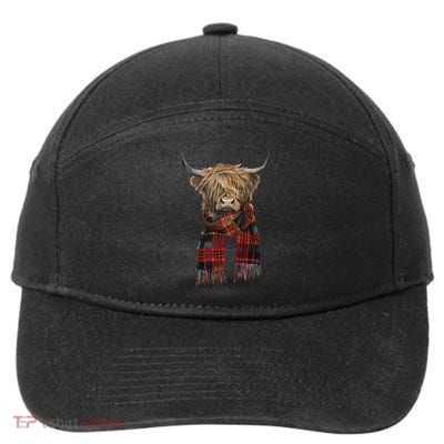 Cute Highland Cow Wearing Buffalo Plaid Scarf Farming Farmer  7-Panel Snapback Hat
