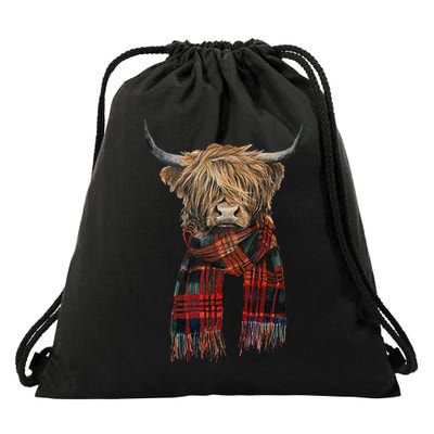 Cute Highland Cow Wearing Buffalo Plaid Scarf Farming Farmer  Drawstring Bag