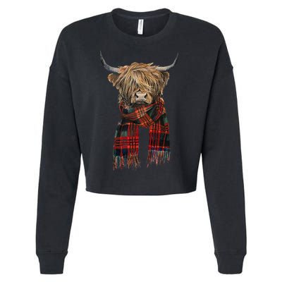 Cute Highland Cow Wearing Buffalo Plaid Scarf Farming Farmer  Cropped Pullover Crew