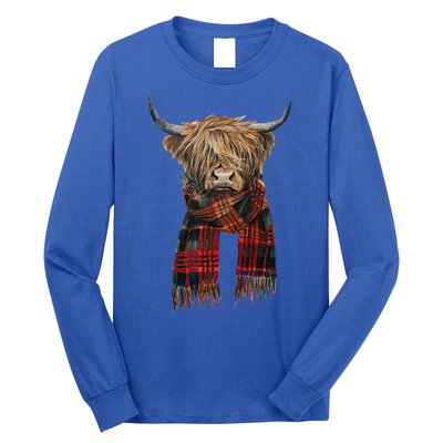 Cute Highland Cow Wearing Buffalo Plaid Scarf Farming Farmer  Long Sleeve Shirt