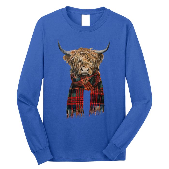 Cute Highland Cow Wearing Buffalo Plaid Scarf Farming Farmer  Long Sleeve Shirt