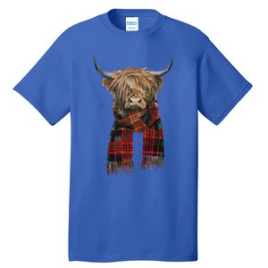 Cute Highland Cow Wearing Buffalo Plaid Scarf Farming Farmer  Tall T-Shirt