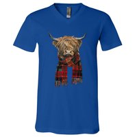 Cute Highland Cow Wearing Buffalo Plaid Scarf Farming Farmer  V-Neck T-Shirt