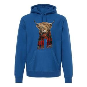 Cute Highland Cow Wearing Buffalo Plaid Scarf Farming Farmer  Premium Hoodie