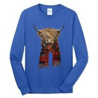 Cute Highland Cow Wearing Buffalo Plaid Scarf Farming Farmer  Tall Long Sleeve T-Shirt