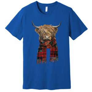 Cute Highland Cow Wearing Buffalo Plaid Scarf Farming Farmer  Premium T-Shirt