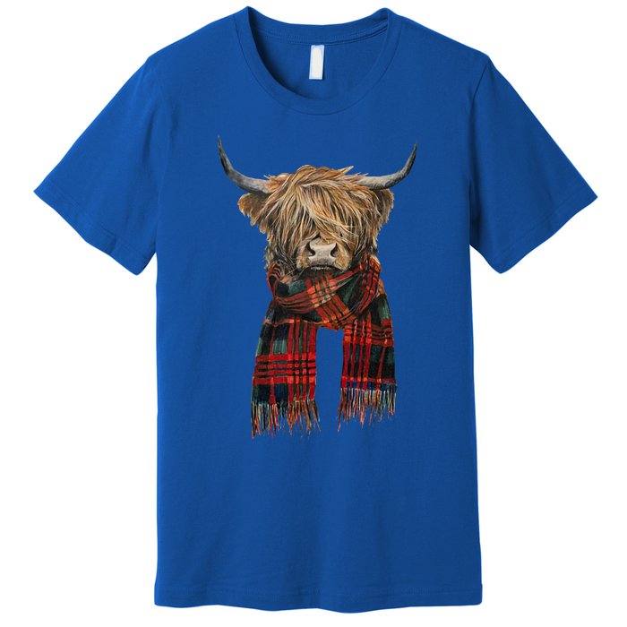 Cute Highland Cow Wearing Buffalo Plaid Scarf Farming Farmer  Premium T-Shirt