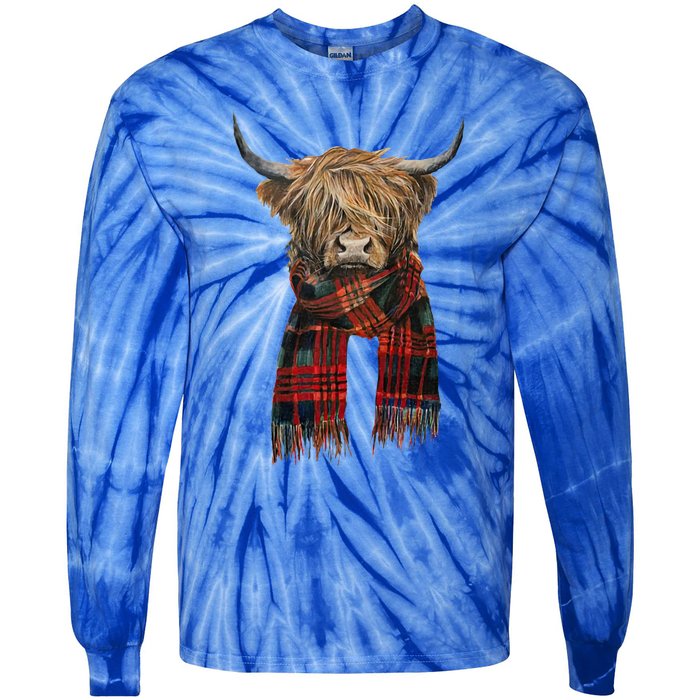 Cute Highland Cow Wearing Buffalo Plaid Scarf Farming Farmer  Tie-Dye Long Sleeve Shirt