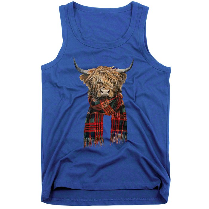 Cute Highland Cow Wearing Buffalo Plaid Scarf Farming Farmer  Tank Top