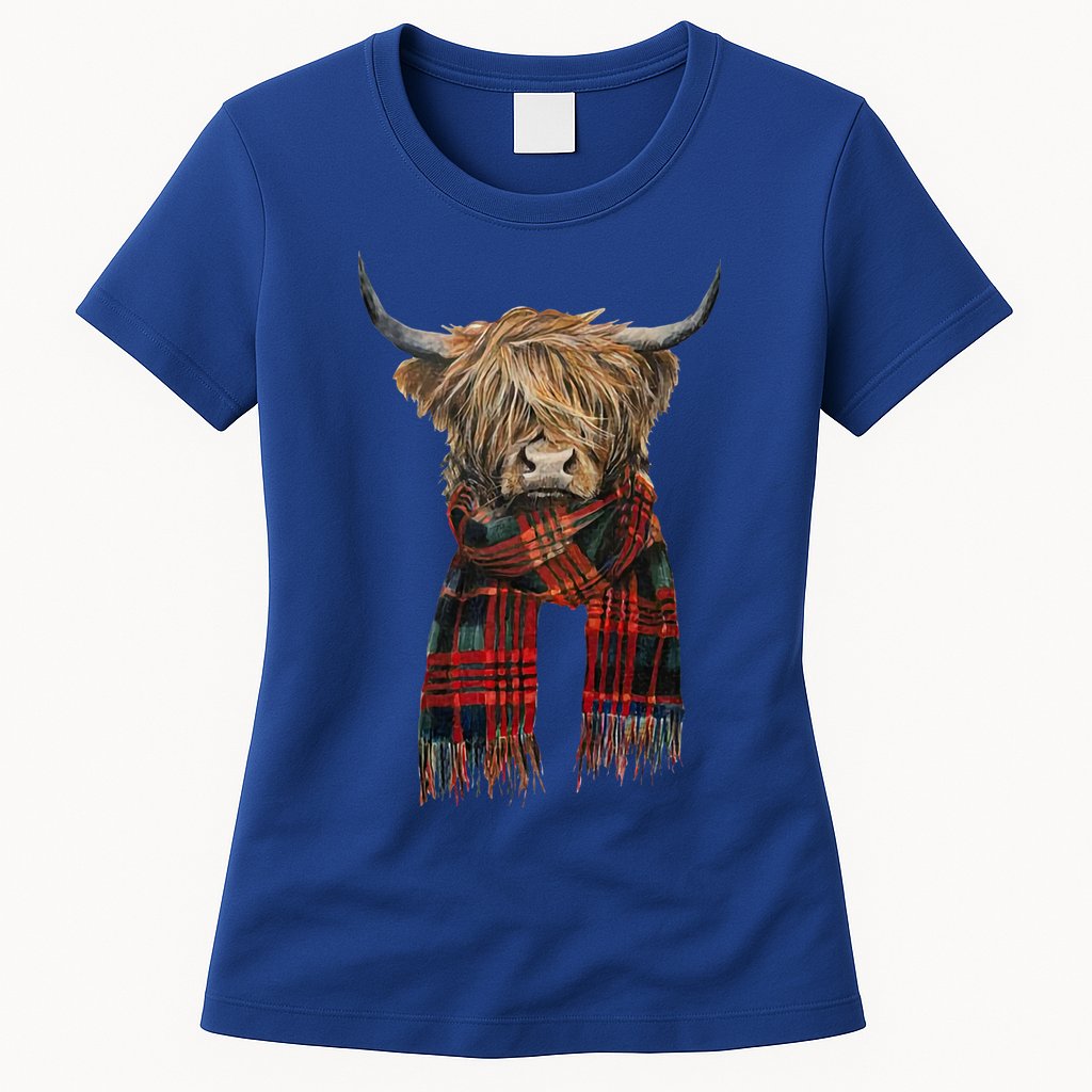 Cute Highland Cow Wearing Buffalo Plaid Scarf Farming Farmer  Womens T-Shirt
