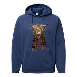 Cute Highland Cow Wearing Buffalo Plaid Scarf Farming Farmer  Performance Fleece Hoodie