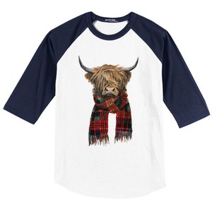 Cute Highland Cow Wearing Buffalo Plaid Scarf Farming Farmer  Baseball Sleeve Shirt