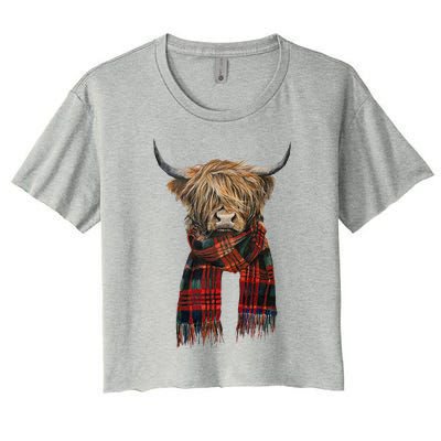 Cute Highland Cow Wearing Buffalo Plaid Scarf Farming Farmer  Women's Crop Top Tee