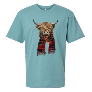 Cute Highland Cow Wearing Buffalo Plaid Scarf Farming Farmer  Sueded Cloud Jersey T-Shirt