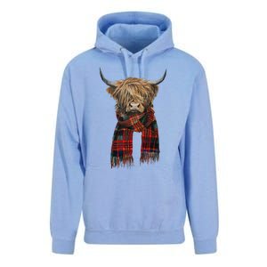 Cute Highland Cow Wearing Buffalo Plaid Scarf Farming Farmer  Unisex Surf Hoodie