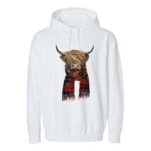 Cute Highland Cow Wearing Buffalo Plaid Scarf Farming Farmer  Garment-Dyed Fleece Hoodie