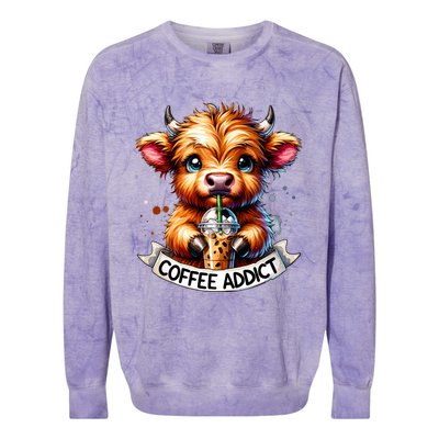 Cute Highland Cow Coffee Addict Gift Colorblast Crewneck Sweatshirt