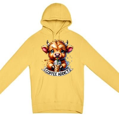 Cute Highland Cow Coffee Addict Gift Premium Pullover Hoodie