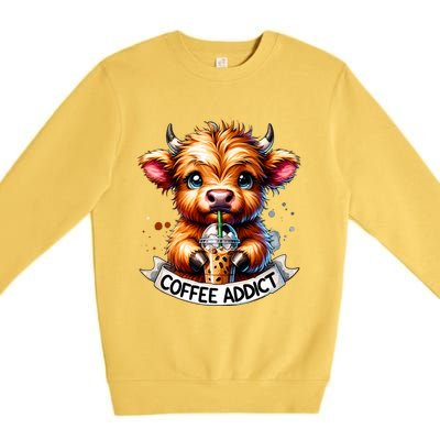 Cute Highland Cow Coffee Addict Gift Premium Crewneck Sweatshirt